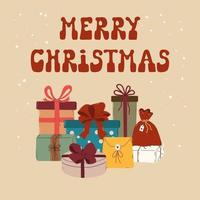 beschriftung frohe weihnachten und eine reihe verschiedener geschenkboxen im retro-stil auf beigem hintergrund vektor