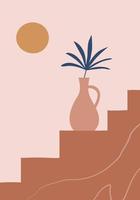 minimalistische landschaft im flachen stil mit treppe, vase, blättern und sonne. perfekt für Wandkunst im Stil der Mid-Century Modern vektor