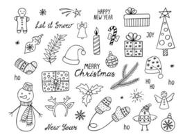 uppsättning av jul klotter element isolerat på vit bakgrund. hand dragen snögubbe, gåva låda, jul träd, klocka, ängel och handskriven ny år ord. vektor
