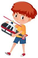 pojke håller helikopter leksak seriefiguren isolerad på vit bakgrund vektor