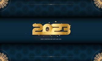 Lycklig ny år 2023 festlig vykort. blå och guld Färg. vektor