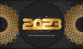 2023 Lycklig ny år hälsning kort. gyllene mönster på svart. vektor