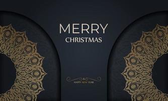 frohe weihnachten und ein gutes neues jahr grußbroschürenvorlage in dunkelblauer farbe mit vintage-goldmuster vektor