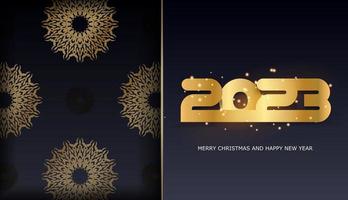 2023 Lycklig ny år festlig hälsning kort. gyllene mönster på svart. vektor