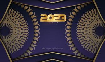 Frohes neues Jahr 2023 Grußkarte. goldenes Muster auf Blau. vektor