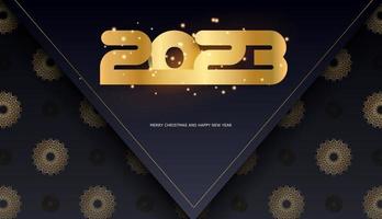 2023 Lycklig ny år Semester affisch. gyllene mönster på svart. vektor