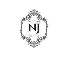 nj initialen brief hochzeitsmonogramm logos sammlung, handgezeichnete moderne minimalistische und florale vorlagen für einladungskarten, save the date, elegante identität für restaurant, boutique, café im vektor