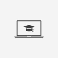 Schule, Online-Bildung, Kappensymbolvektor. Laptop mit Mortarboard-Symbolzeichen vektor