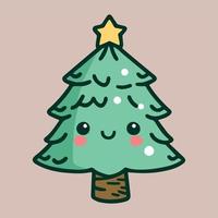 süßer entzückender weihnachtsbaum. kawaii-illustration. Winterferien. karikaturfeierbaum. Dekorationsfigur für ein fröhliches Cmas. lustiges Element. flaches Baumsymbol zum Feiern. Winterschnee für die Karte. vektor