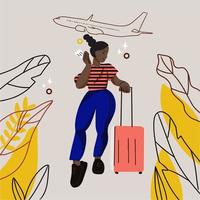 trendig stil resande tjej med bagage på flygplatsen vektor