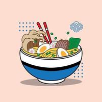 Ramen spaghetti vektor illustration på skål och matpinne med bra Vinka årgång retro platt stil. japansk nudel soppa.