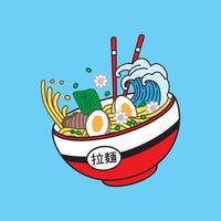 Ramen-Nudeln-Vektorillustration auf Schüssel und Essstäbchen mit großem Wellenweinlese-Retro-Flat-Stil. japanische nudelsuppe. Kanji bedeutet Ramen vektor