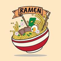 Ramen spaghetti vektor illustration på skål och matpinne med årgång retro platt stil. japansk nudel soppa.