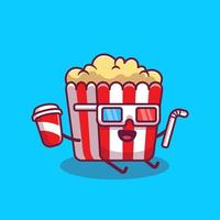 süßes popcorn, das soda und strohhalm mit 3d-filmbrillen-cartoon-vektorsymbolillustration hält. Film-Essen-Cartoon-Icon-Konzept isolierter Premium-Vektor. flacher Cartoon-Stil vektor