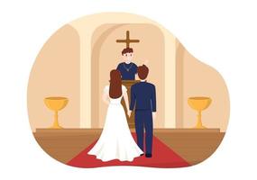 bröllop ceremoni i de katedral katolik kyrka byggnad med de Lycklig par i platt tecknad serie hand dragen mall illustration vektor