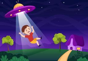 ufo-fliegendes raumschiff mit fliegender untertasse über dem stadthimmel entführt kinder oder tiere in flachen handgezeichneten vorlagenillustrationen der karikatur vektor