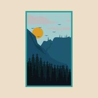 landskap vild skog årgång affisch, berg bakgrund vektor illustration design