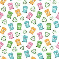 Null-Abfall-Konzept nahtlose Muster mit Mülltonnen und Recycling-Schild. nachhaltiger lebensstil, ökologisches konzept. Vektorillustration im Cartoon-Stil vektor