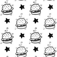 hand gezeichnetes nahtloses muster des burgers. Comic-Doodle-Sketch-Stil. Vektor-Fast-Food-Illustration. skizze von hamburger und stern. vektor