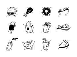handgezeichnete fast-food-symbole. skizze von snackelementen. fast-food-illustration im gekritzelstil. Fast-Food-Sammlung. vektor