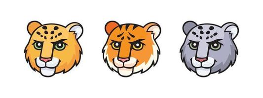 snö leopard, irbis, leopard, tiger huvuden uppsättning. vektor tecknad serie komisk klotter illustration, maskot, karaktär, ikon, logotyp av leopard djur- ansikte. symbol av kazakhstan