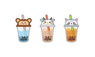 set kawaii bubble tea mit tiergesichtern vektor