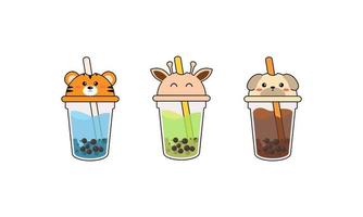 set kawaii bubble tea mit tiergesichtern vektor