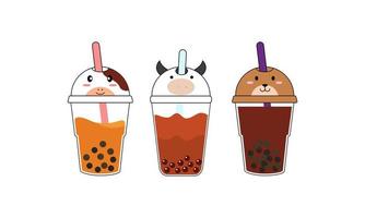 set kawaii bubble tea mit tiergesichtern vektor