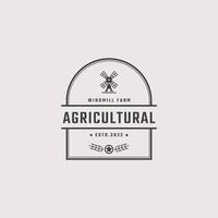 Vintage Retro-Abzeichen-Emblem landwirtschaftliche Windmühlenbäckerei Bio-Weizen-Logo-Design linearer Stil. monochrome landschaft alternative energie windmühle energie ökologie ländliche produktion mark vektor