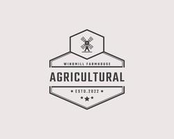 Vintage Retro-Abzeichen-Emblem landwirtschaftliche Windmühlenbäckerei Bio-Weizen-Logo-Design linearer Stil. monochrome landschaft alternative energie windmühle energie ökologie ländliche produktion mark vektor