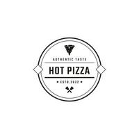 årgång retro bricka emblem pizza skiva, pizzeria restaurang bar bistro logotyp design linjär stil vektor