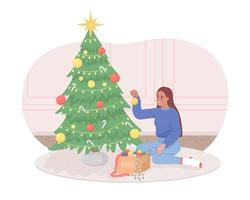 schmücken weihnachtsbaum 2d-vektor isolierte illustration. glücklicher flacher charakter auf karikaturhintergrund. urlaubsvorbereitung bunte editierbare szene für handy, website, präsentation vektor