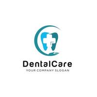 Zahnpflege-Logo aus abstraktem Formzahn und Umarmungshand. Zeichensymbol für Zahnarztpraxis und Krankenhaus.