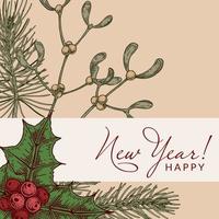 glad jul och Lycklig ny år hälsning kort med hand dragen järnek löv och bär och mistel grenar. festlig färgrik bakgrund. vektor illustration i skiss stil