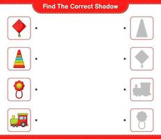 Finden Sie den richtigen Schatten. Finde und kombiniere den richtigen Schatten von Pyramidenspielzeug, Babyrassel, Drachen und Zug. pädagogisches kinderspiel, druckbares arbeitsblatt, vektorillustration vektor