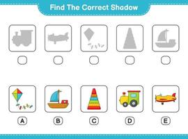 Finden Sie den richtigen Schatten. Finde und kombiniere den richtigen Schatten von Pyramidenspielzeug, Zug, Drachen, Flugzeug und Boot. pädagogisches kinderspiel, druckbares arbeitsblatt, vektorillustration vektor