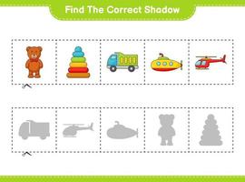 Finden Sie den richtigen Schatten. Finde und kombiniere den richtigen Schatten von Helikopter, Lastwagen, Spielzeugpyramide, U-Boot und Teddybär. pädagogisches kinderspiel, druckbares arbeitsblatt, vektorillustration vektor
