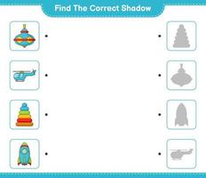 Finden Sie den richtigen Schatten. Finde und kombiniere den richtigen Schatten von Pyramidenspielzeug, Wirbelspielzeug, Rakete und Helikopter. pädagogisches kinderspiel, druckbares arbeitsblatt, vektorillustration vektor