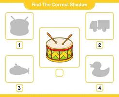 hitta de korrekt skugga. hitta och match de korrekt skugga av trumma. pedagogisk barn spel, tryckbar arbetsblad, vektor illustration