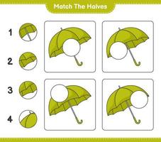 verbinde die Hälften. passende Hälften des Regenschirms. pädagogisches kinderspiel, druckbares arbeitsblatt, vektorillustration vektor