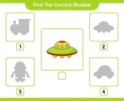 Finden Sie den richtigen Schatten. Finden Sie den richtigen UFO-Schatten und passen Sie ihn an. pädagogisches kinderspiel, druckbares arbeitsblatt, vektorillustration vektor