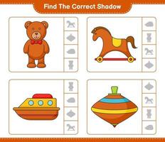 Finden Sie den richtigen Schatten. Finde und kombiniere den richtigen Schatten von Teddybär, Schaukelpferd, Boot und wirbelndem Spielzeug. pädagogisches kinderspiel, druckbares arbeitsblatt, vektorillustration vektor