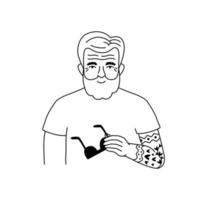 cooler alter mann mit tattoo und sonnenbrille. strichzeichnungsgekritzelillustration für druck, grafikdesign, aufkleber und plakatschablone vektor