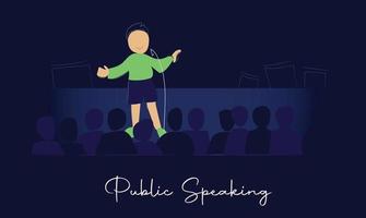 offentlig tala, stå upp komiker. offentlig Tal och presentation i främre av publik. presentatör talar till människor. föreläsare i strålkastare på utbildning händelse. platt vektor illustration.