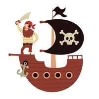 Piratenschiff mit einer schwarzen Flagge mit Totenkopf. Ein bärtiger, einäugiger Pirat steht an Deck. isolierte Illustration des Kindervektors auf weißem Hintergrund vektor
