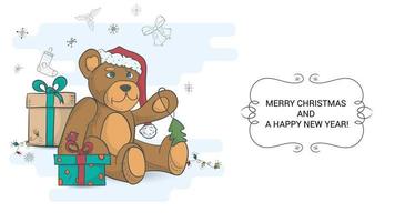 en baner för de design av jul och ny år design i de stil av barns klotter en teddy Björn leksak med en jul träd i dess tassar sitter bland de gåvor vektor