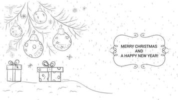 baner för de design av jul och ny år design kontur illustration jul träd leksaker på de grenar på de botten av de gåva låda vektor