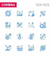 Corona-Virus 2019 und 2020 Epidemie 16 blaues Symbolpaket wie Grippe-Icu-Angriff Krankenhausbettkreuz Virus-Coronavirus 2019nov-Krankheitsvektor-Designelemente vektor