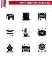 Solide Glyph-Packung mit 9 USA-Unabhängigkeitstag-Symbolen von Pflanzenkaktus-Türen-Wurst-Essen editierbare USA-Tag-Vektordesign-Elemente