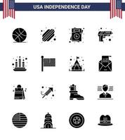Usa Happy Independence Day Piktogrammsatz von 16 einfachen soliden Glyphen von Licht Kerze Liebe Waffe Sicherheit editierbare Usa Day Vektordesign-Elemente vektor